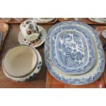 Tray of assorted items to include: unusual 19th Century Staffordshire blue and white meat plate