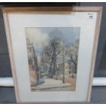 20th Century, street scene in winter with trees, buildings and figures, signed monogram N.B?,