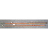 Vintage two-piece split cane fishing rod marked Martin Jarret 'Ensign', together with another