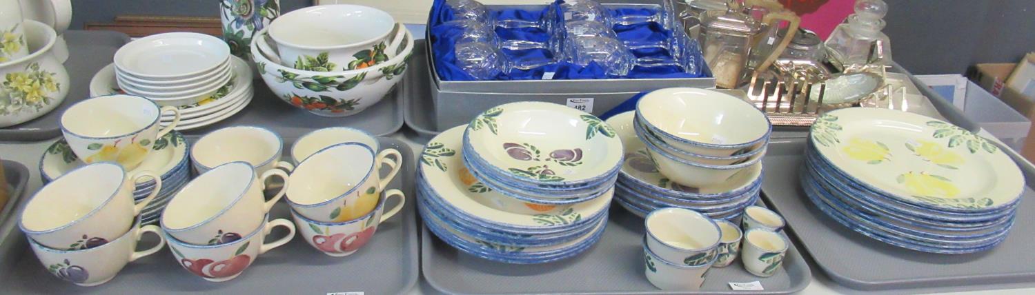 Three trays of Poole pottery hand painted spongeware fruit design items to include; teacups and