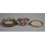 A 22ct gold wedding ring and two 9ct gold rings. Ring size O, M and O. Approx weight 7.7 grams. (B.