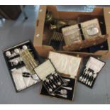 Box of assorted metalware to include; various cased cutlery; soup spoons, butter knives, serving
