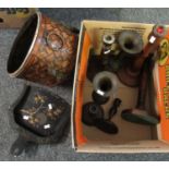 Box of assorted wooden turned candlesticks, pair of intricately etched trumpet vases, basket etc. (