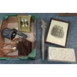 Small box of assorted items to include: a metronome, brass battery operated mantel clock, carved