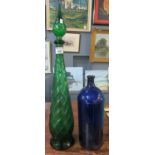 Two coloured glass items: a Bristol blue large display bottled marked KCB 1078 to base and a large