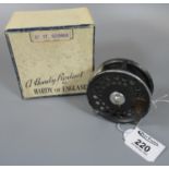 Vintage Hardy 'St. George' fly reel in original box, 3 and 3/8 inch. (B.P. 21% + VAT)