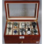Burr walnut finish watch box containing assorted watches, Nike, Casio, etc. (B.P. 21% + VAT)