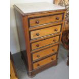 19th Century mixed woods marble top straight front narrow chest of five drawers on a platform and