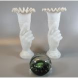 Pair of Victorian white opaline glass novelty trumpet hand vases, together with a Caithness art