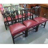 Harlequin set of six mahogany Chipperfield style dining chairs with leather seats on square legs and