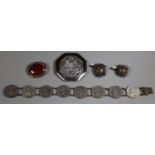 Two silver brooches, a coin bracelet and a pair of filigree cufflinks. (B.P. 21% + VAT)