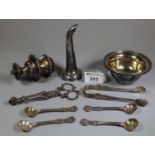 Bag of silver plated items to include salt spoons, sugar nips with shell terminals, wine funnel,