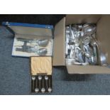 Box of metalware to include; a cased Norwegian pewter bar set, various loose plated cutlery