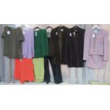Ten items of Jean Muir clothing to include; three pairs of crepe trousers, blouses, tops, skirt