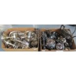 Two boxes of metalware, mostly silver plate to include; candelabrum, spirit kettles, teapots, trophy