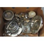 Box of metalware mostly silver plate to include; spirit kettle with stand, two goblets with etched