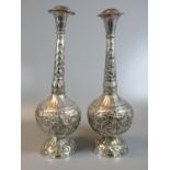Pair of plated metal rose water sprinklers or vases in Islamic style with repousse and chased
