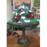 Modern Tiffany style table lamp with metal tree shape base and multi-coloured floral stain glassed