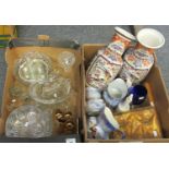 Two boxes of assorted glassware and china to include: three large cut glass bowls, rotating