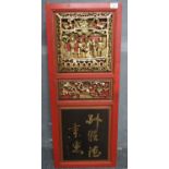 Chinese carved hardwood temple door, the panel with carved immortal figures, dogs of fo, flowers,