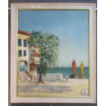 D. Lumas?, Mediterranean study , a seascape with buildings, figures and boats, oils on canvas,