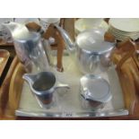 Tray of Picquot aluminium ware to include: teapot, coffee pot, jug and sucrier on a melamine and