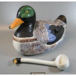 Portuguese ceramic egg crock in the form of a Mallard duck, also comprising a spoon with duck