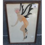 Art Deco school, contemporary ,fairy with wings, unsigned, watercolours. Framed and glazed. 34 x