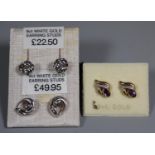 Two pairs of 9ct white gold earrings and a pair of 9ct gold earrings. (B.P. 21% + VAT)