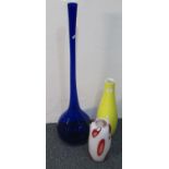 Collection of three art glass vases, one on a canary yellow ground, the other in Bristol blue with a