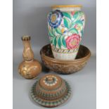 Art Deco design Charlotte Rhead tube lined floral and foliate baluster vase (poor condition),