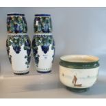 Pair of Copenhagen pottery ovoid shaped vases with painted floral decoration and printed marks to