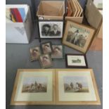 Box of assorted prints and framed coloured postcard portraits, Welsh lady etc. (B.P. 21% + VAT)