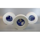 Three unusual modern art/stained glass blue and white abstract panels of circular form within a