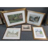 Collection of pictures, various to include; town scene with figures, coloured etching, Swansea