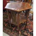 Edwardian mahogany inlaid hexagonal lamp table with shaped under-tier on out swept legs. (B.P. 21% +