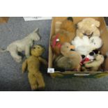 A box of soft toys to include three with some age, the older toys being an early 20th Century