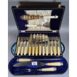 Cased set of silver plated fish knives and forks together with a cased three-piece silver plated