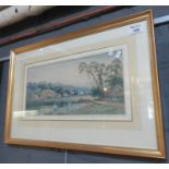 A. Harris, village scene with river, bridge, figures, sheep and distant buildings, watercolour. 18 x