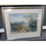 Julian Brown (20th Century), river study with trees and reeds and distant castle, watercolours.