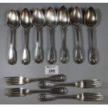 Set of four 19th Century silver forks with shell terminals, together with a set of seven matching