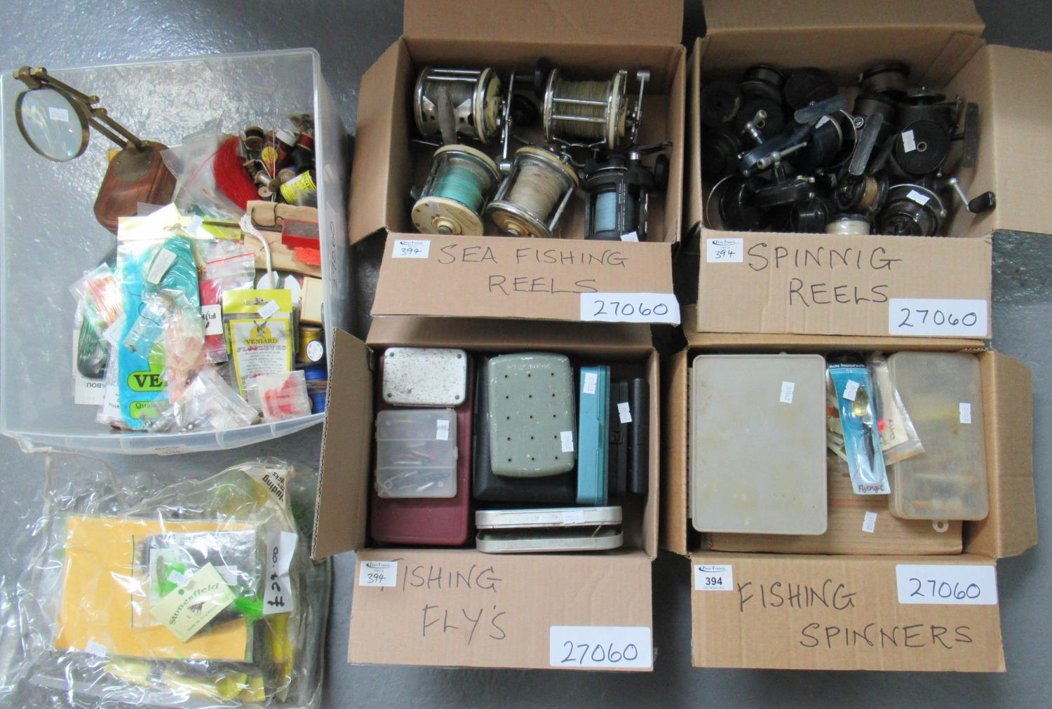 Large collection of fishing tackle to include; various spinning reels, sea fishing reels