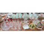 Two trays of china and glass to include ceramic floral bouquets, Japanese kora and cover, pair of