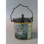 Porcelain Fairy lustre ware Cumbria biscuit barrel with metal cover and swing handle. Blue impressed