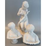 Two parian ware busts of young maidens, together with a parian ware figurine of a young girl with