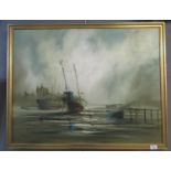 John Bampfield, harbour scene with fishing boats and other vessels, signed, oils on canvas. 70 x