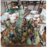 Tray comprising mainly Oriental figurines to include Chinese mudmen, Geisha girl, immortals,