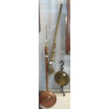 19th century brass warming pan with turned handles, together with a Salters spring balance hanging