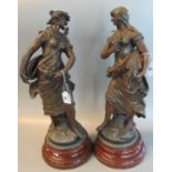 Pair of early 20th Century French spelter figurines, one with a mandolin, the other carrying