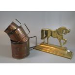 Three graduated copper grain measures, together with a brass doorstop in the form of a stallion. (4)